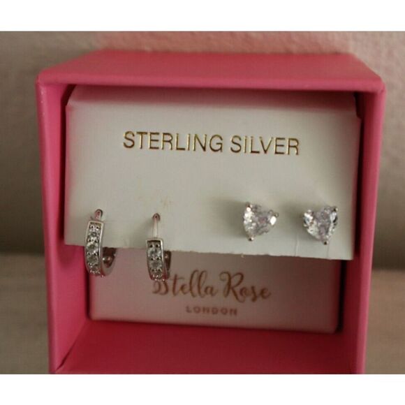 Stella Rose London Sterling Silver, 2 Set Earrings - Huggie & Heart Shaped Stud - Picture 2 of 7